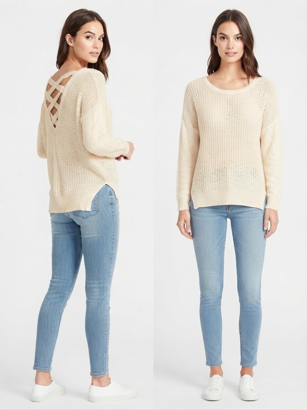 Fifty Street Cream Open Knit Criss Cross Back Long Sleeve Sweater Size Small